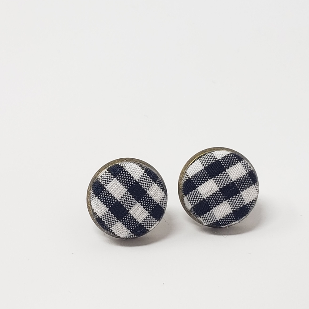New Handmade Black White Gingham Check Plaid Upcycled Button Stud Earrings